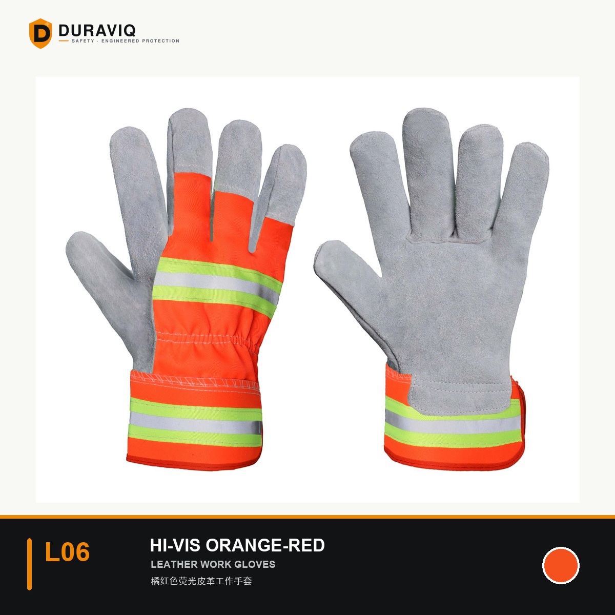 Hi-Vis Orange-Red Leather Work Gloves