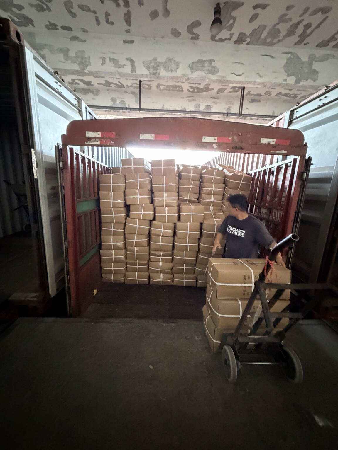 Cartons of protective gloves being loaded for transport