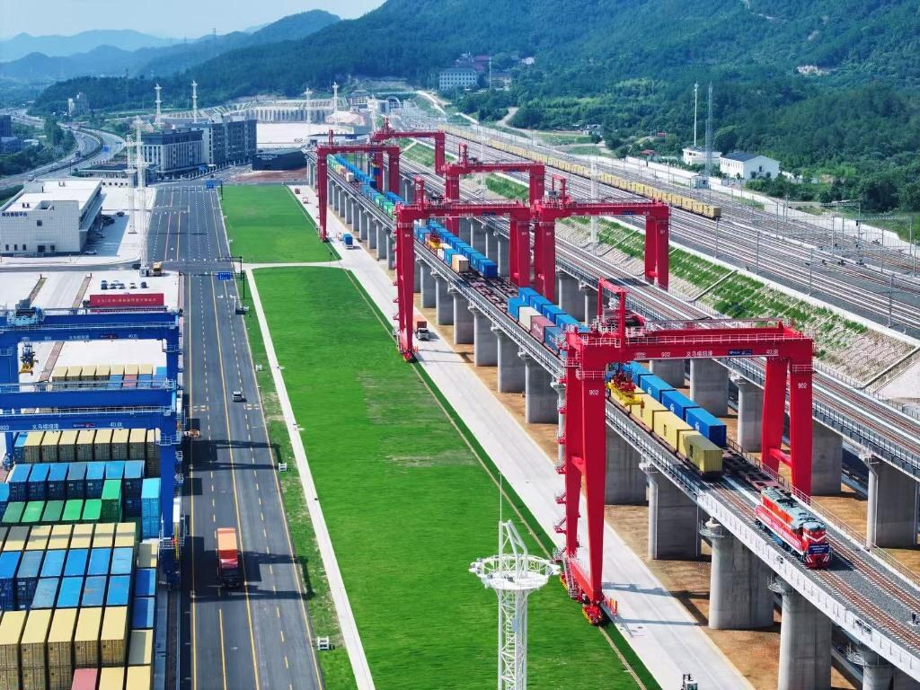 Aerial panorama of the Yiwu Suxi International Hub Port and its container railway terminal